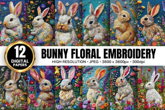 Cute Bunny Floral Embroidery Papers