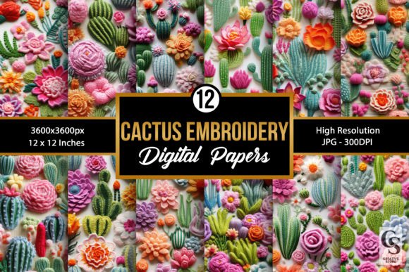 Floral Cactus Embroidery Digital Papers